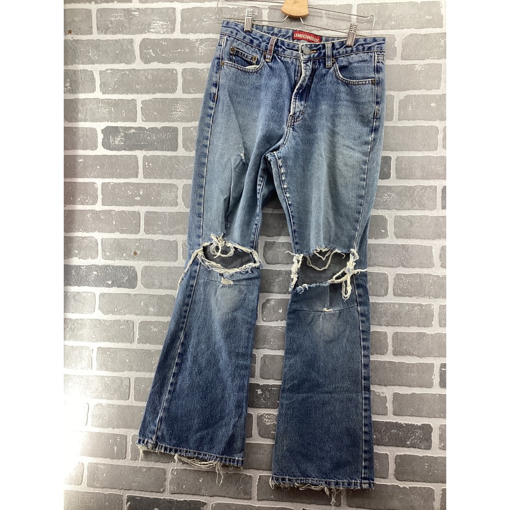 Unionbay Vintage Distressed Flare Jeans Blue Denim High Rise Wide Leg Womens 9